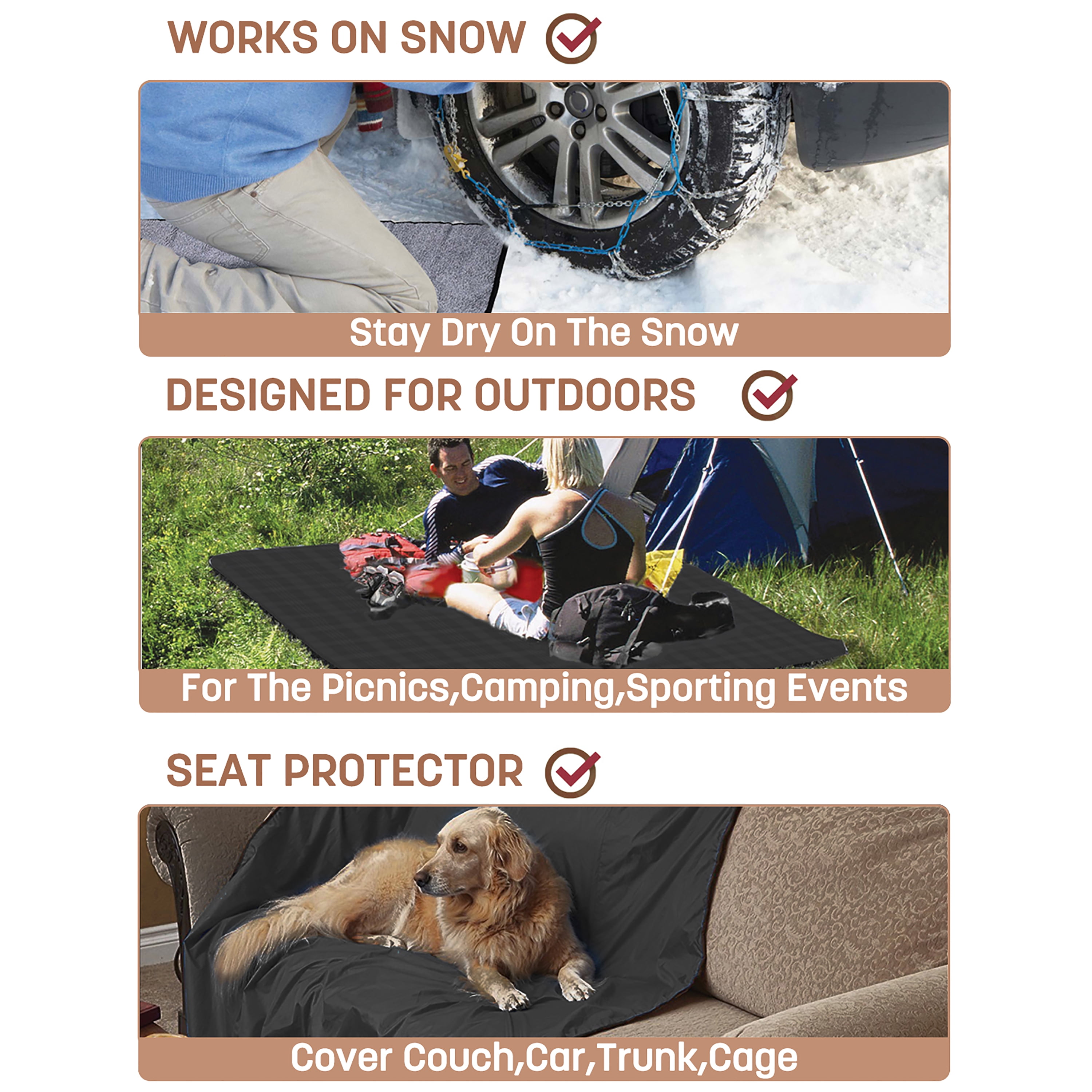 Tirrinia Waterproof Picnic Blanket with Sherpa Lining, Windproof Triple Layers Warm Comfy Foldable for Camping Stadium, Beach, Picnic, Grass, Concerts, Car, Dog, 51''X 59''