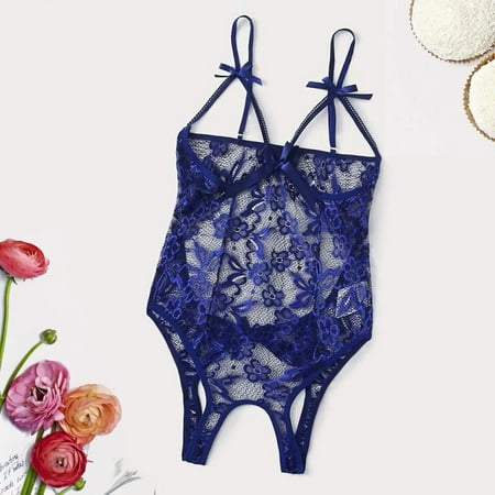 MRULIC intimates for women Crotch Backless Bodysuit Lingerie Jumpsuit Hollow Lace Bow Women Teddy Open Blue + L
