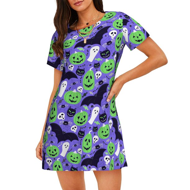 Balery Cute Halloween Camisón de manga corta con cuello redondo para mujer, cómodo y elegante.