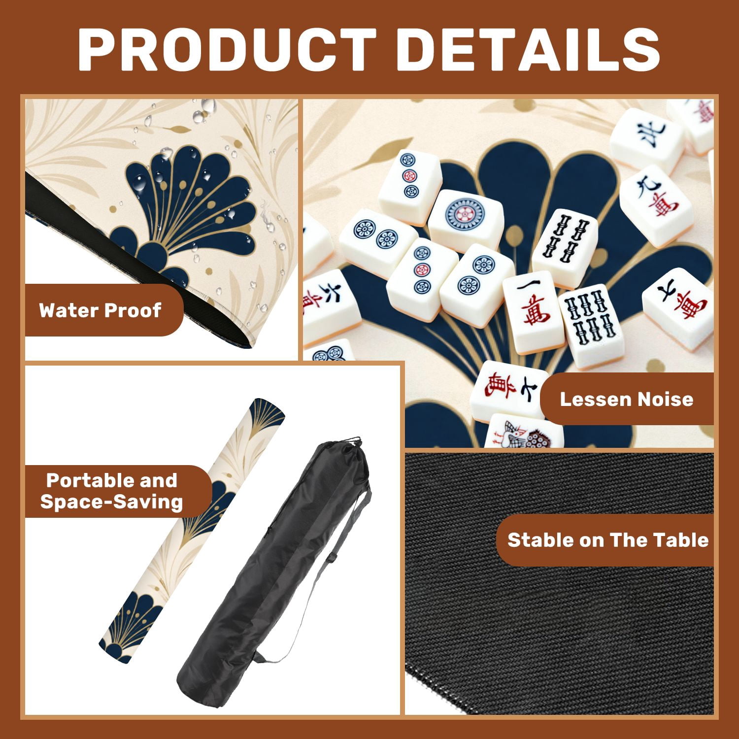 Mahjong Mat 31.5" x 31.5" Art Fan Floral Seamless Navy Blue Beige Non-Slip Noise Reduction American Mahjong Tiles Table Cover for Dominoes Poker Card Board Games Gift
