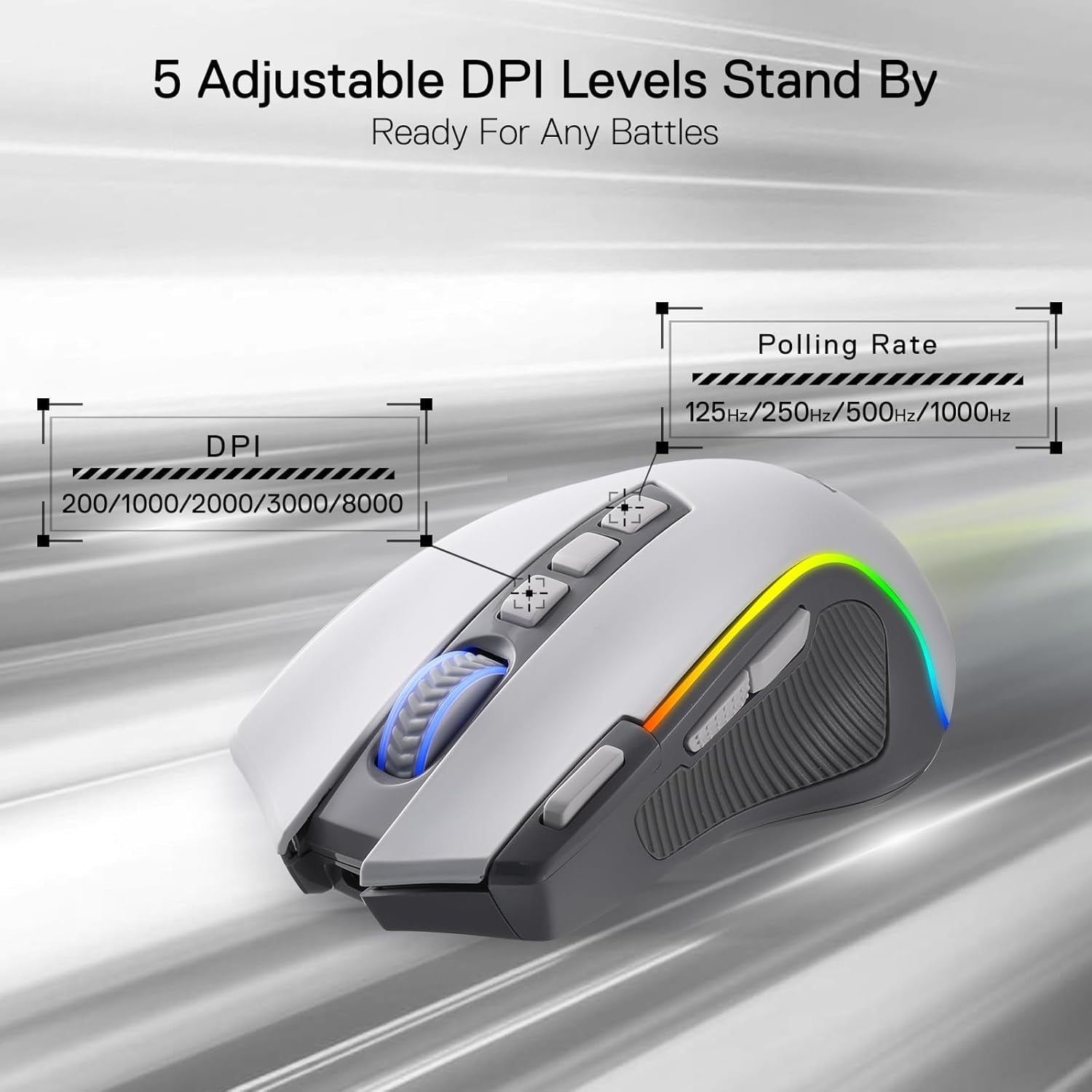 Redragon M612 PRO RGB Gaming Mouse, 8000 DPI BT Wired/Wireless Optical Gamer Mouse 9 Programmable Buttons & 7 Backlit Modes,Software Supports DIY Keybinds Rapid Fire Button,Gray