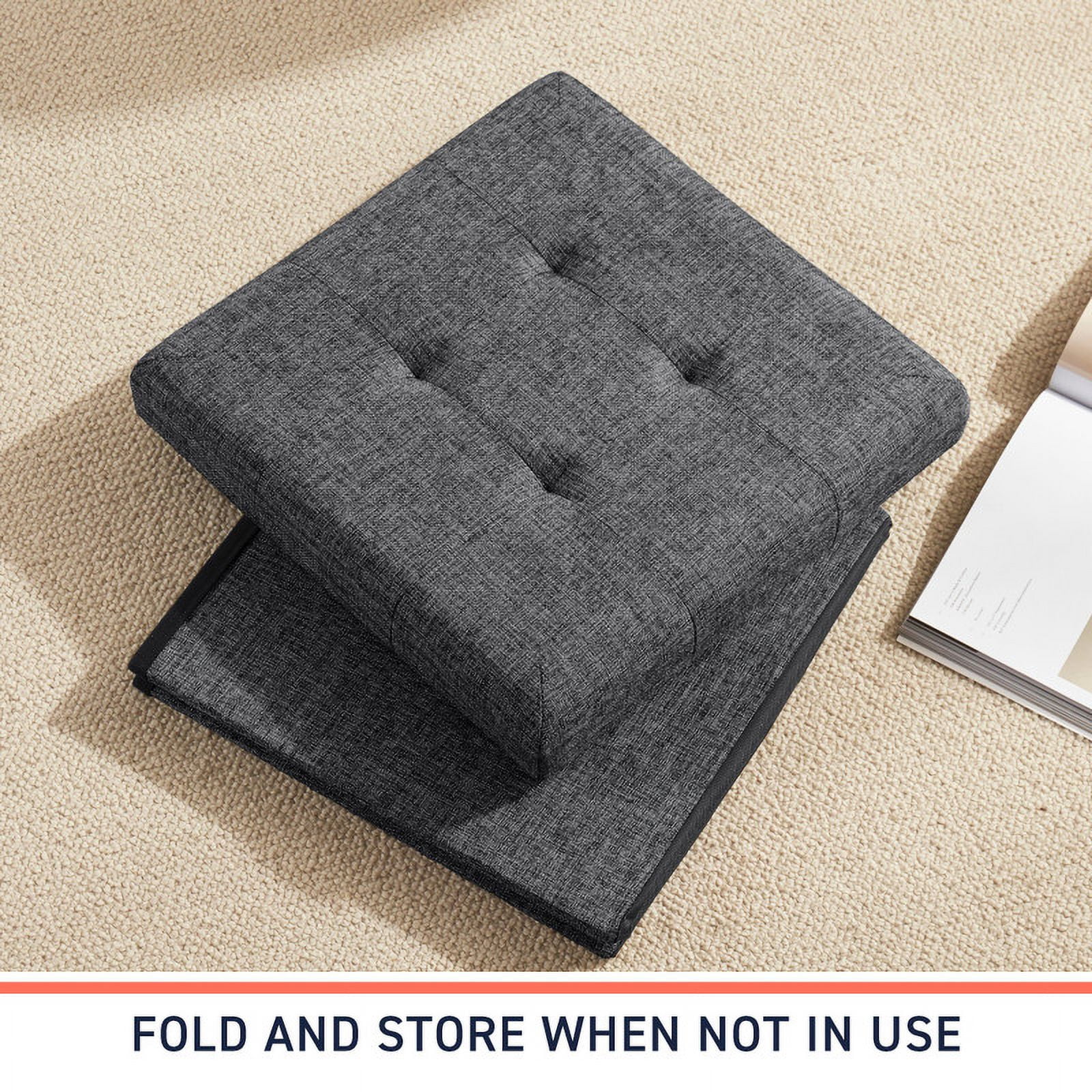Ornavo Home 2 Pack 15 Inch Folding Storage Ottoman with Storage, Square Cube Linen Small Storage Ottoman Foot Rest Stool - Dark Gray