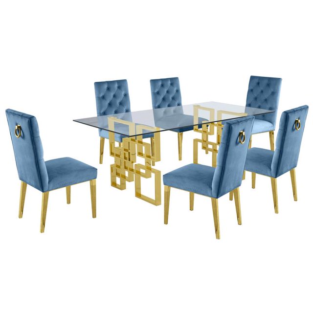 Ensemble de 7 Pièces avec Plateau Rectangulaire en Verre Transparent et Acier Inoxydable Doré