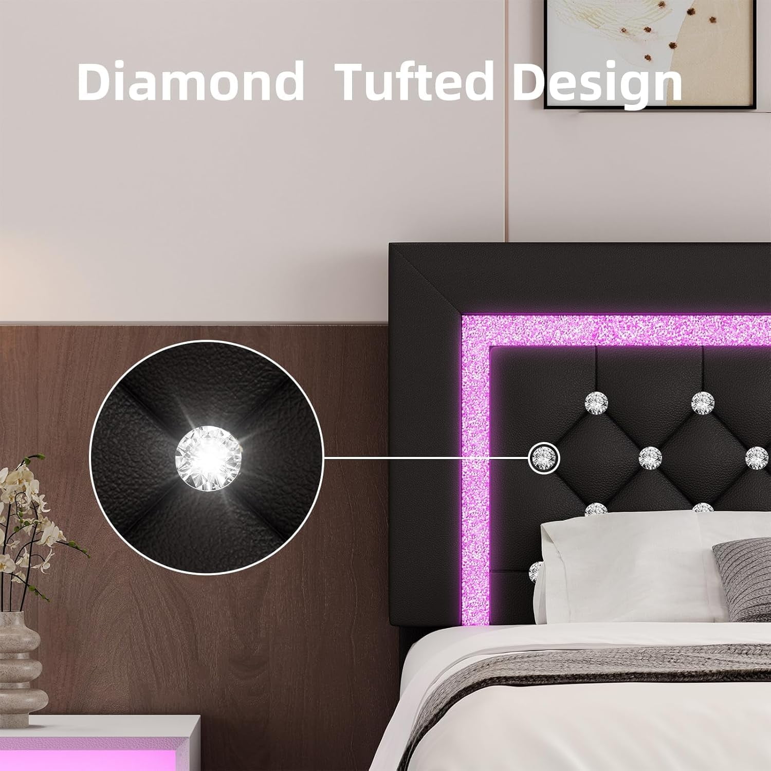 4 EVER WINNER Twin Size LED Bed Frame with Headboard，Upholstered Platform Bed Frame with LED Lights，Diamond Tufted Headboard and Footboard，Black