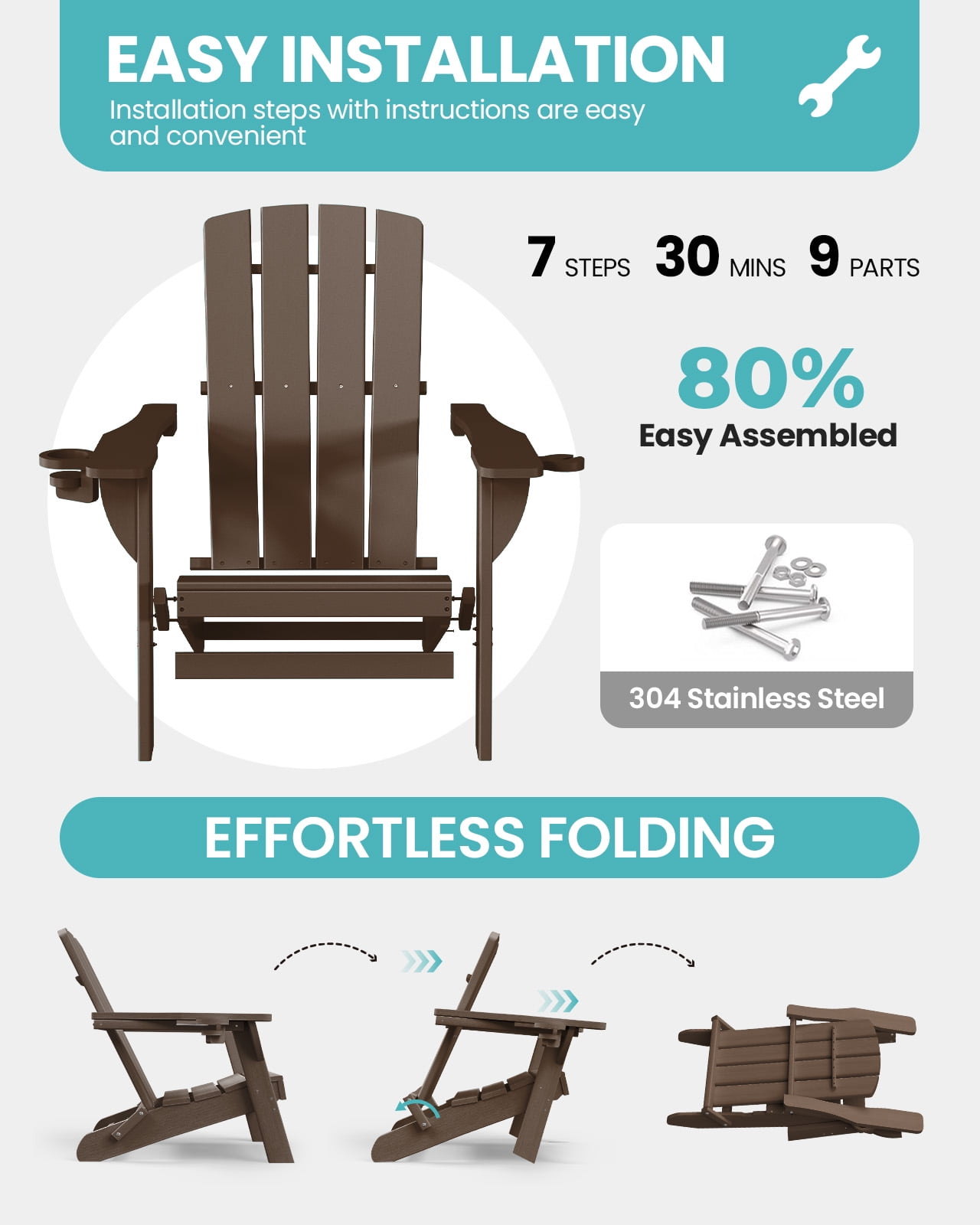Folding Adirondack Chair, HDPE All-Weather Lawn Chair with 2 Cup Holder, Patio Garden Outdoors Fire Pit, Brown