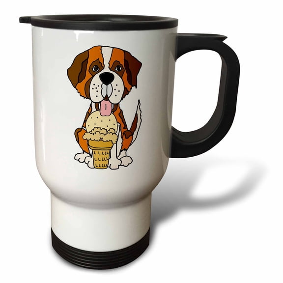 3drose, Funny Cute St. Bernard Dog Eating Ice Cream Cone, 14oz Stainless Steel Travel Mug