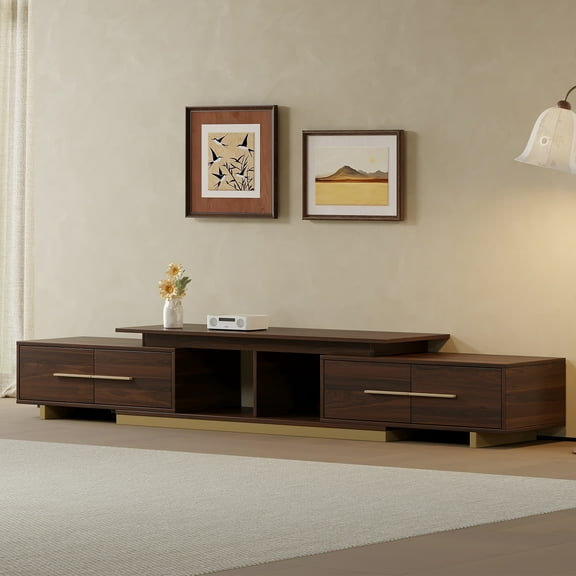 siu want Walnut Mid-Century Modern Media Console: TV Stand for 55 to 100 Inch TVs with 4 Drawers, Cable Management (Extends 63.4-94.5”)