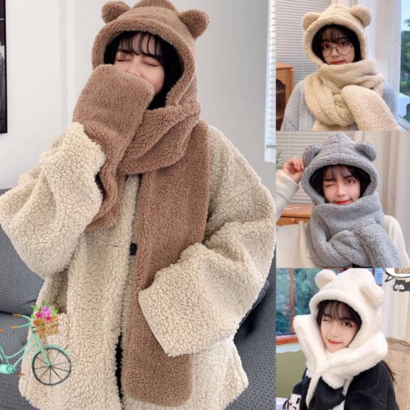 Ludlz Women Cute Bear Ear Hat 3 in 1 Animal Hat Scarf Gloves, Warm Plush Hoodie Cap Gloves Mitten Scarf Set Winter Novelty Bean