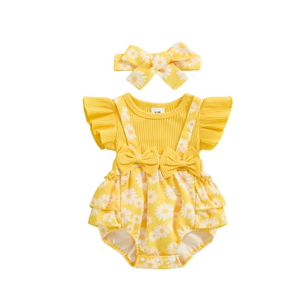 

Mioliknya Baby Girl Outfit Fly Sleeve Flower Print Bow Patchwork Romper Hairband