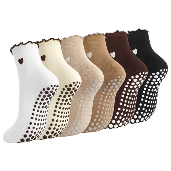 Bocaoying 6 Pairs Pilates Socks for Women, Cute Ruffled Grip Cotton Socks, Heart-Patterned Yoga Socks for Yoga Barre Hospital US 5-8