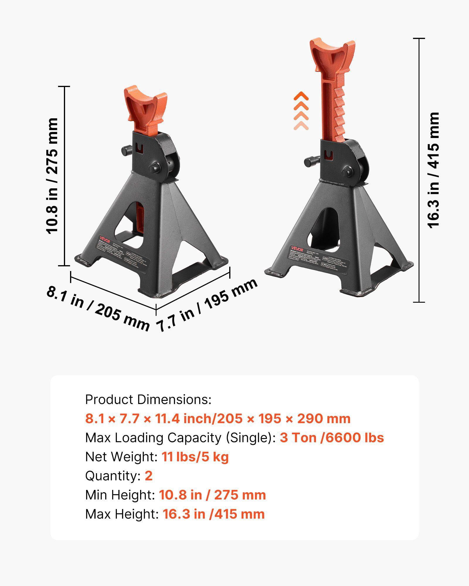 Heavy Duty 3 Ton 6600 lbs Capacity Steel Jack Stands Adjustable Height 10.8-16.3 in with Locking for SUV Pickup Car UTV ATV 1 Pair Black Orange