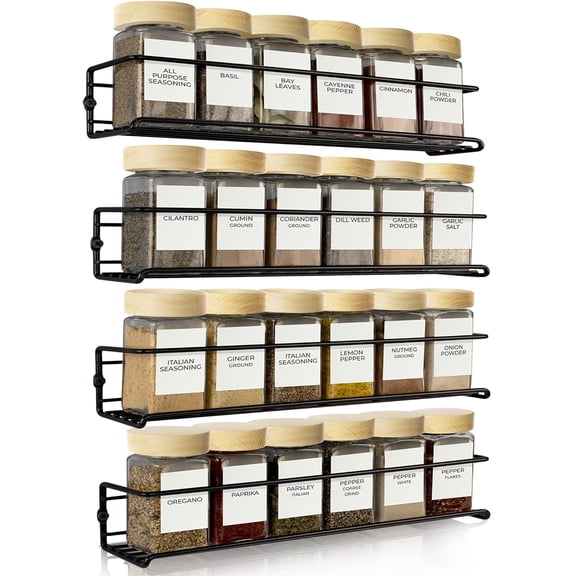4-Pack Wall Mount Spice Rack Organizer, No-Hole Iron Design with Adhesive or Screw Mounting, Large Capacity for Kitchen, Pantry, Garage, and More