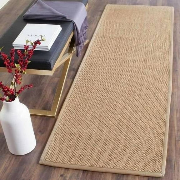 SAFAVIEH Natural Fiber Jovana Border Seagrass Runner Rug, Maize/Linen, 2'6" x 12'