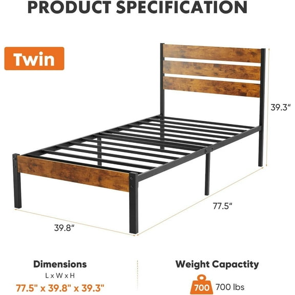 Wangbujianwang Metal Platform Twin size Bed Frame - Mattress Foundation with Headboard and and Footboard, No Box Spring Needed with 700LBS Sturdy Wooden Slats Support, Noise Free, Easy Assembly