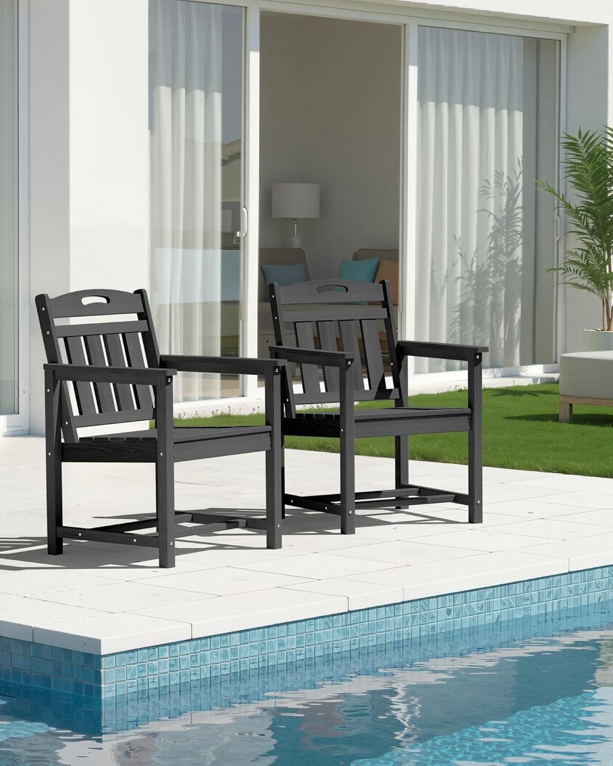 Harbweb HDPE Outdoor Dining Chair, All-Weather Wood Grain Patio Furniture, Black