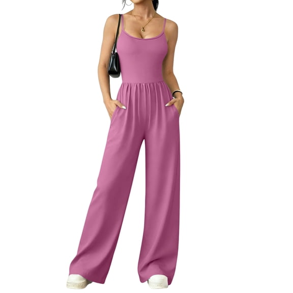 JULMCOMO Jumpsuits for Women Scoop Neck Spaghetti Strap Casual Rompers High Waisted Wide Leg Summer Loose Fit Overalls with Pockets Pink S