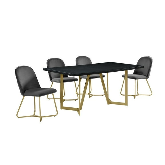 5pc Black Wood Top Dining Set with Gray Velvet Chairs and Gold Base