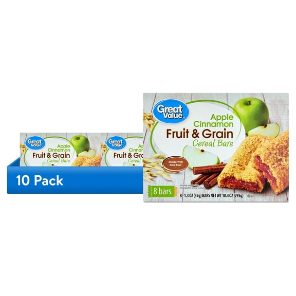 (10 pack) Great Value Fruit & Grain Cereal Bars Apple, Cinnamon, 10.4 oz, 8 Count