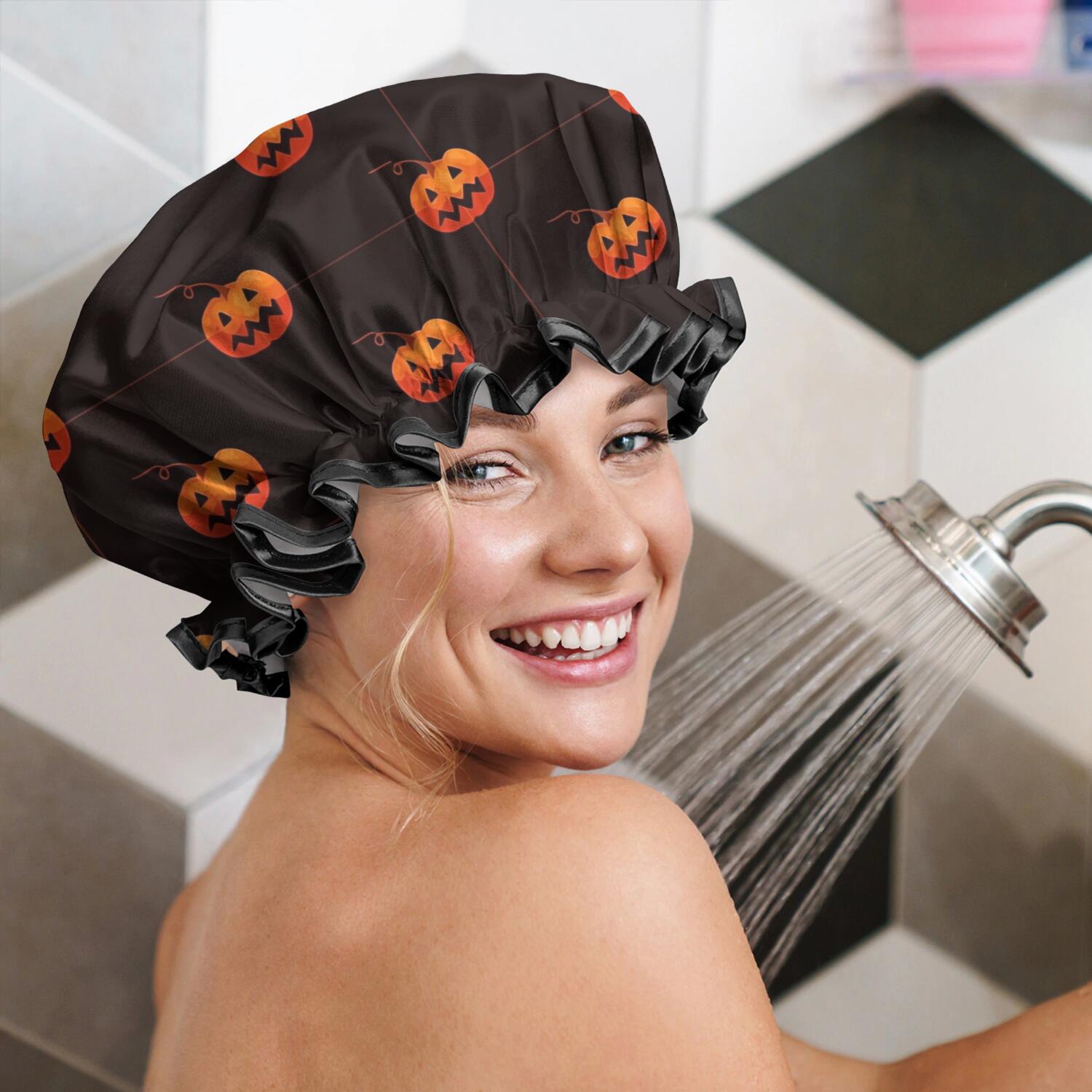 Shower Caps,Black Halloween Pumpkins Waterproof Shower Cap for Women 4 Pieces,Double Reusable Hair Cover for Shower PEVA Elastic Stretch Hem
