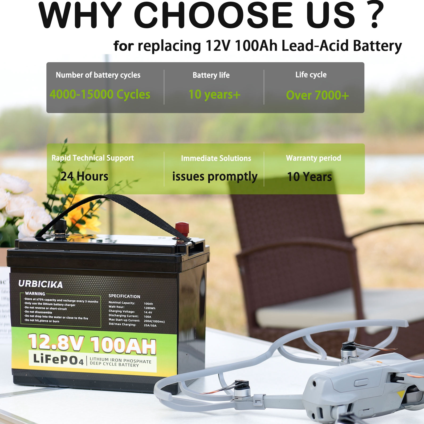 Eurobike 12V 100AH LiFePO4 Lithium Battery with 100A BMS, Lightweight for RV, Solar, Trolling Motor, Energy Storage