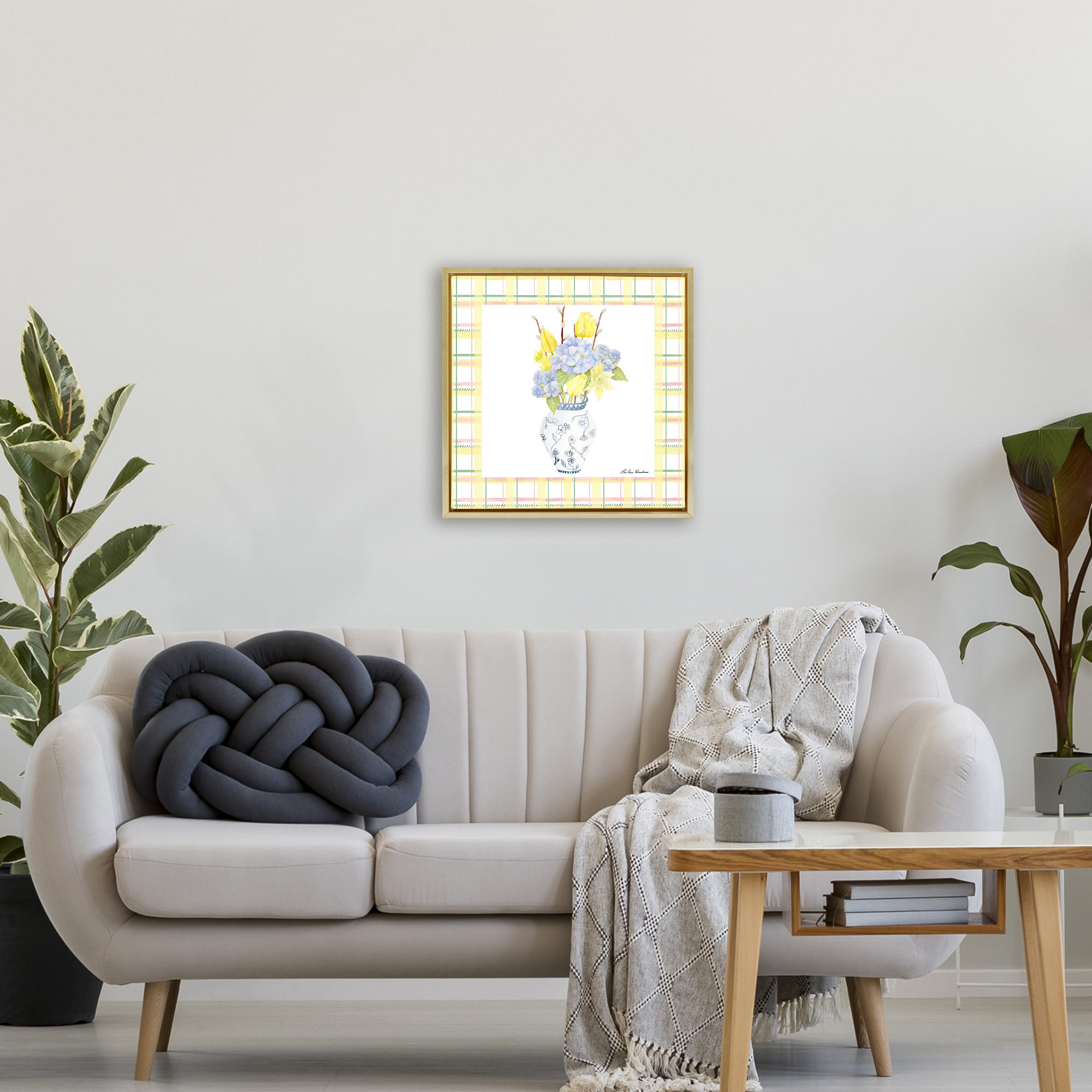Spring Vase on Yellow Plaid Gold Framed Floater Canvas Wall Art, design by Lee Ann Sanders