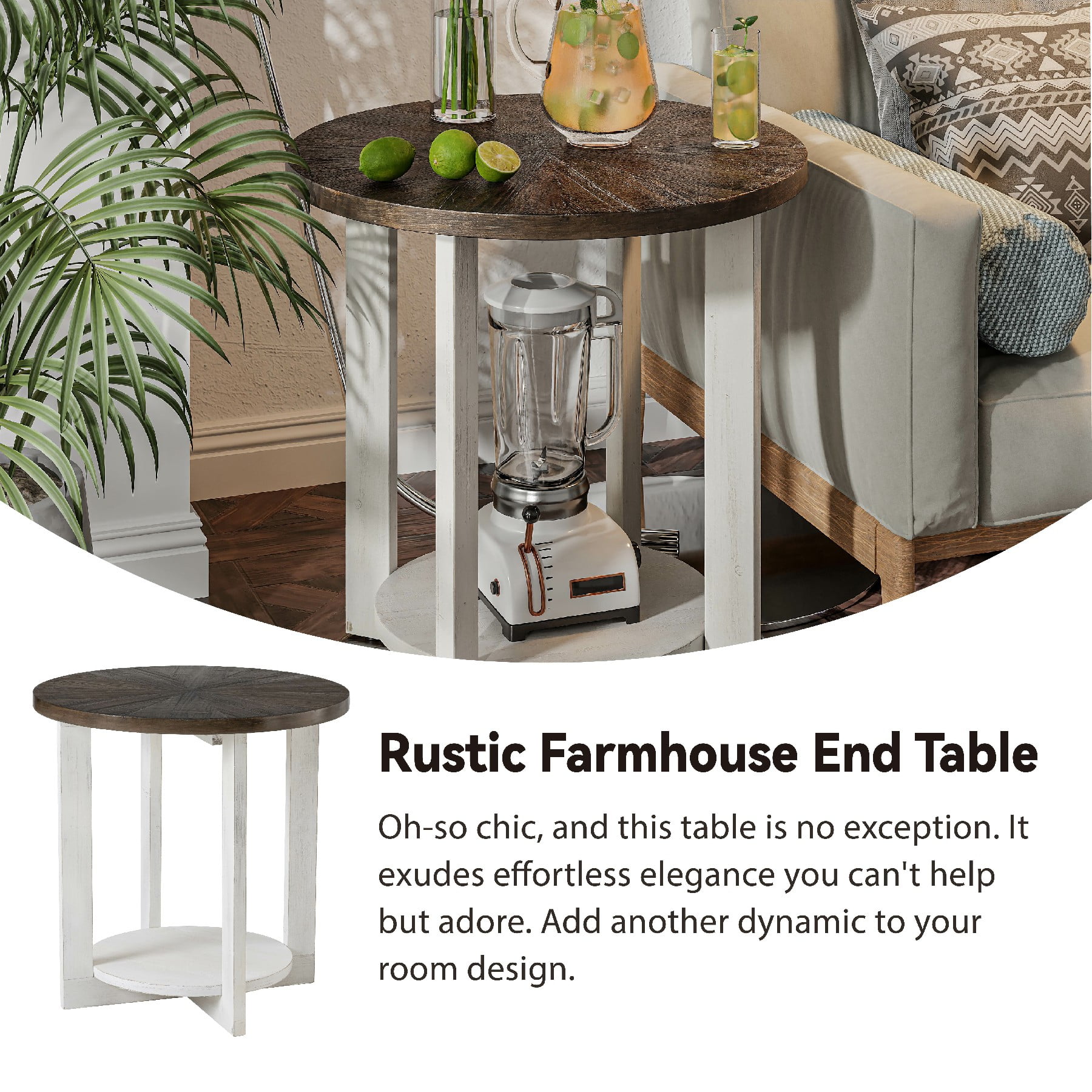 COZAYH Round Wood End Tables with Storage, Rustic Farmhouse Accent Table with Distressed Wood Top, Circle Table for Living Room, 24Dx24Wx24H in