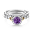 thumbnail image 3 of 925 Sterling Silver and 10K Yellow Gold Purple Amethyst and White Lab Grown Diamond Bridal Ring Set for Women (0.67 Cttw, 5MM Cushion Cut, Gemstone Birthstone, Available in Size 5,6,7,8,9), 3 of 5
