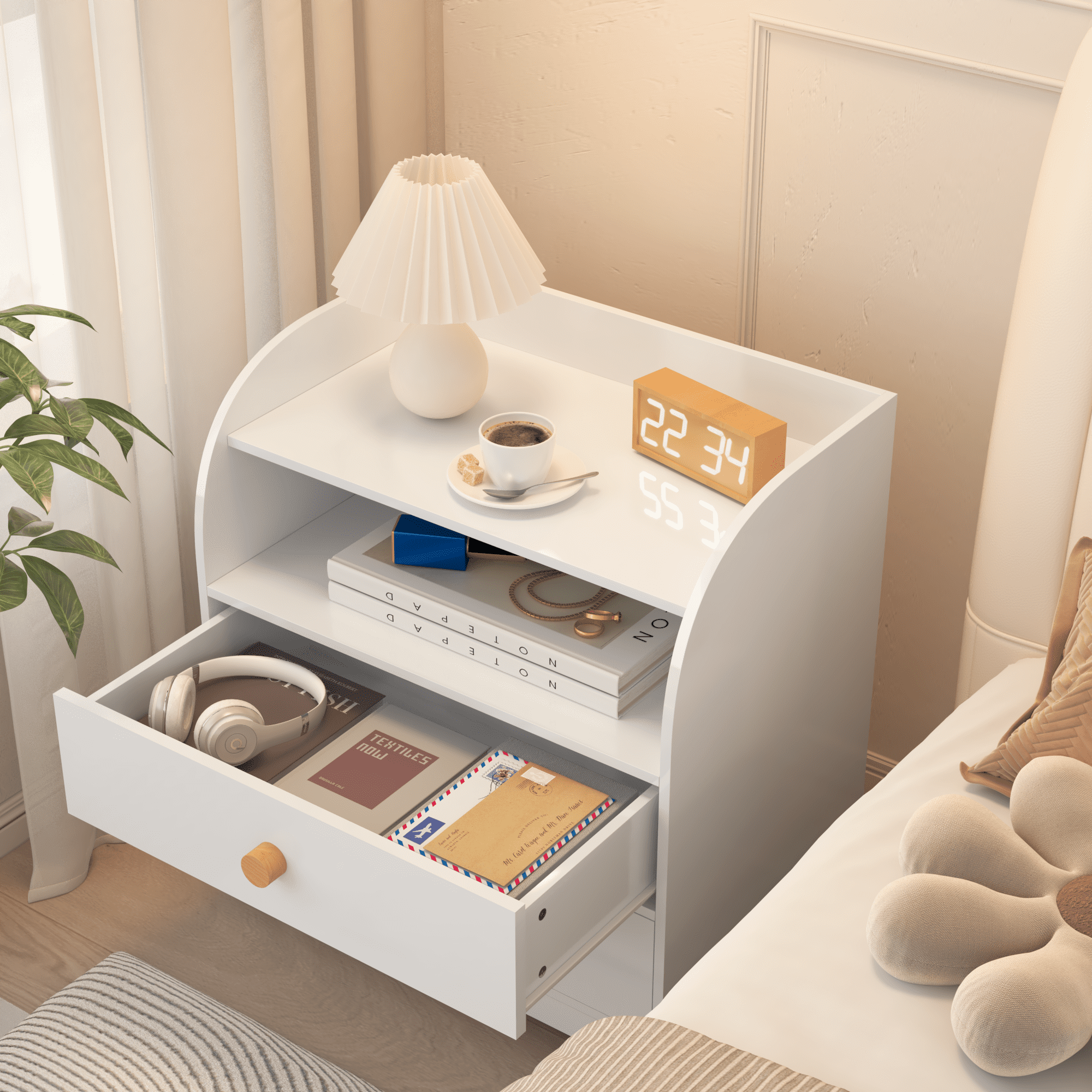 Leumius White Nightstand with 2 Drawers and Open Shelf,Curved Side Panel Wood Bedside Table for Bedroom/Living Room