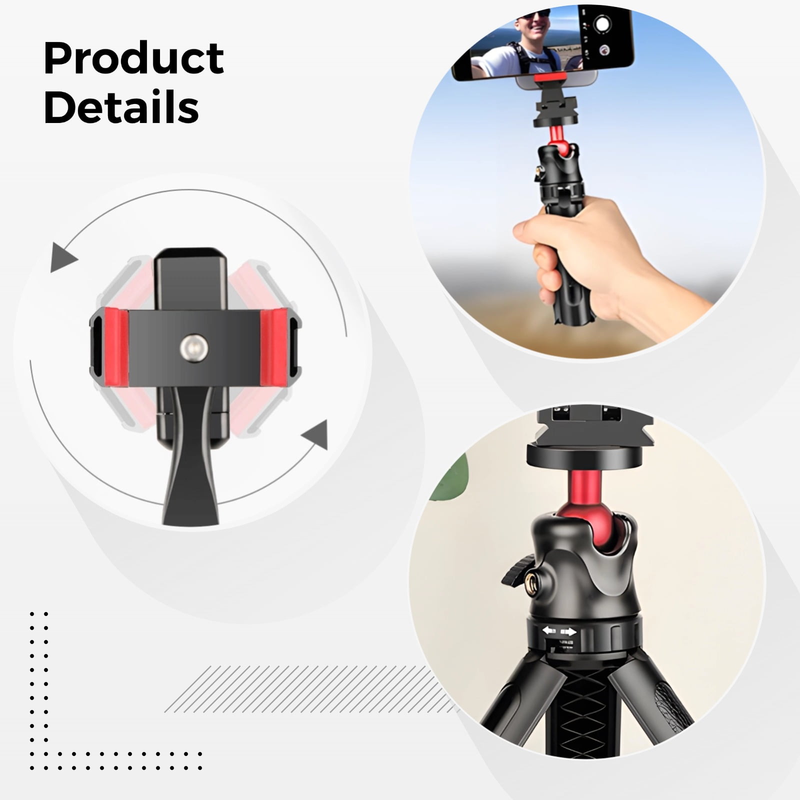 Dual Phone Tripod Stand with Ball Head Mount, Portable Desktop Phone Holder with Adjustable Clamps, Mini Camera Stand for Live Streaming Gaming Recording, Black and Red