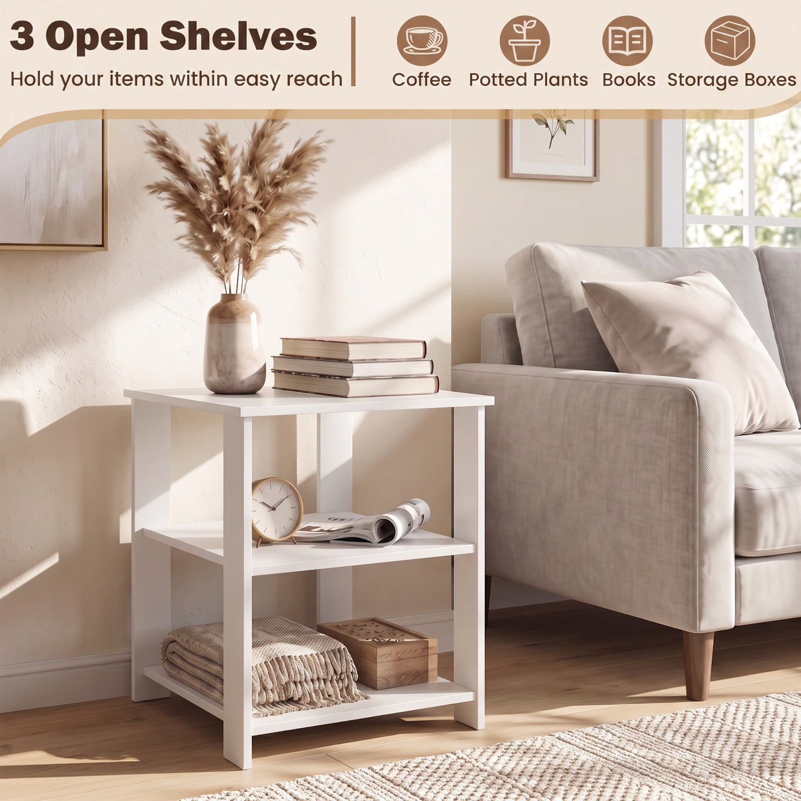 Furnibear 3 Tier Square Nightstands Set of 2 with Open Storage Shelves Bedside Side Tables for Bedroom Living Room, White