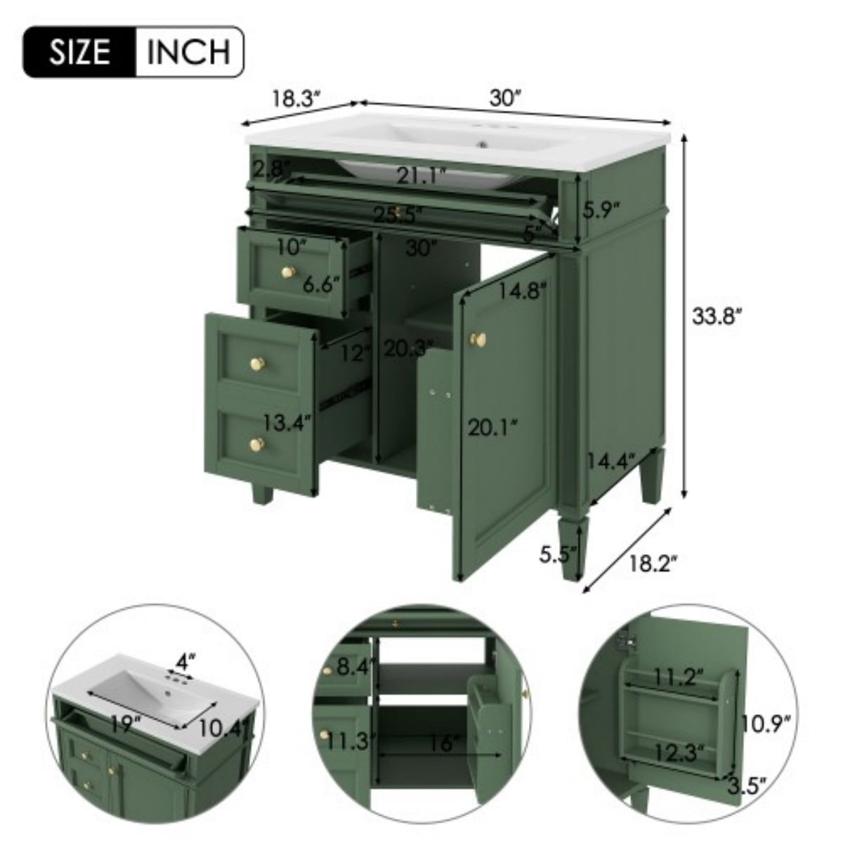 30" Bathroom Vanity with Sink, Modern Freestanding Bathroom Vanity Cabinet with Ceramic Sink, 3 Drawers & Tip-Out Drawer, Adjustable Shelf, White Storage Cabinet, Green