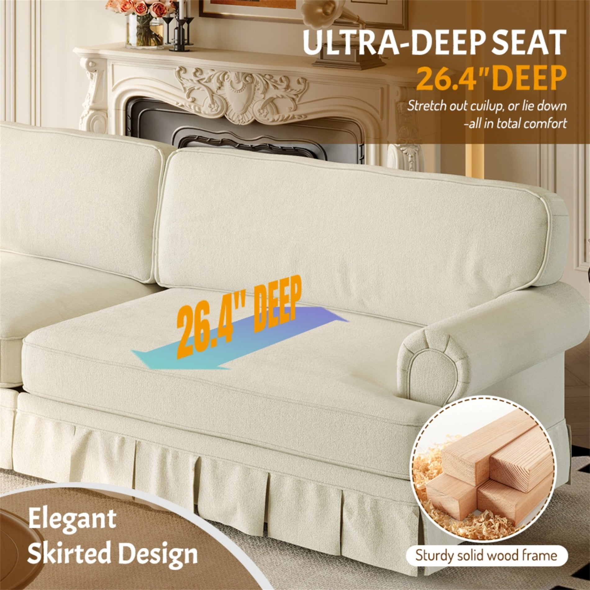 Alvantor 74" 3-Seater Cloud Sofa Couch Upholstered Chenille Couch with Rolled Arms & Pleated Skirt, Mid-Century Modern Sofa for Living Room Beige