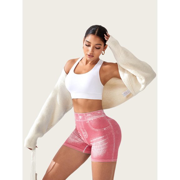 Women Sexy V Waist Denim Print Biker Shorts Back Ruched Butt Lifting Stretch High Waist Yoga Workout Athletic Shorts