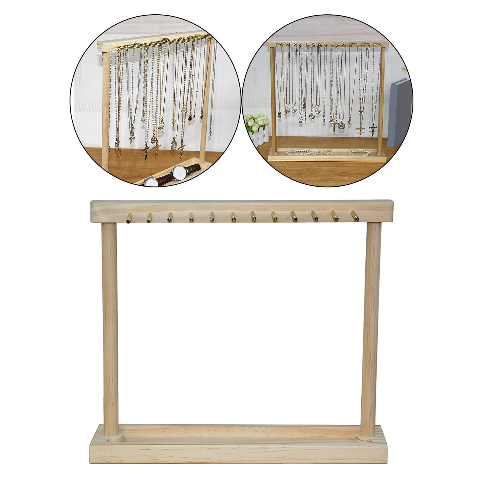 Modern Jewelry Organizer Display Stand, Wood Countertop Necklace Holder Display with Hooks for Pendants Necklace Rings Chains Storage Rack 12 Hangers