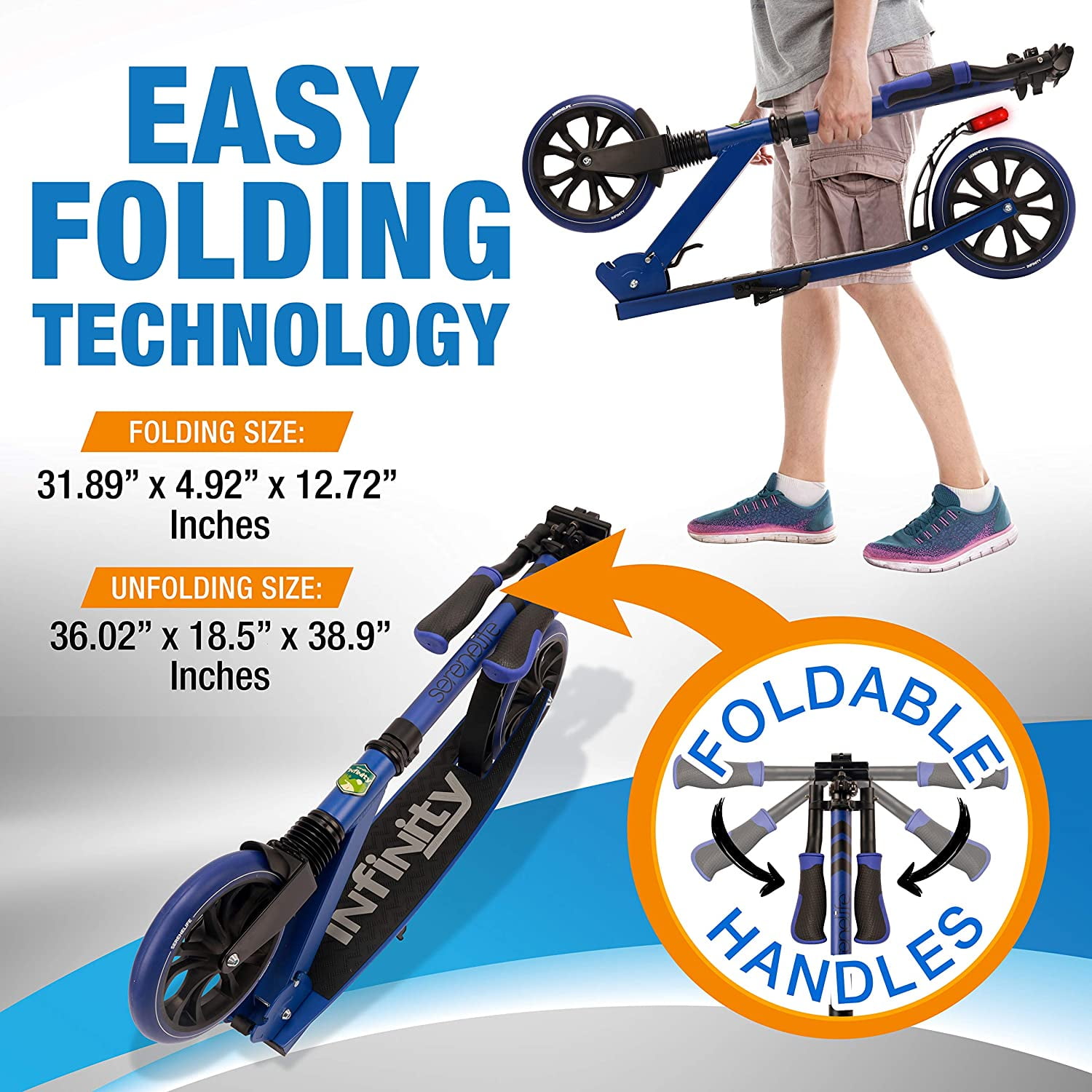 Serene Life Lightweight and Foldable Kick Scooter - Adjustable Scooter for Teens and Adult (Blue)