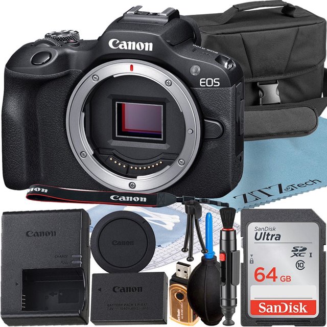 Cámara Mirrorless Canon EOS R100 con Vídeo 4K Tarjeta de Memoria SanDisk de 64GB Estuche Paquete de Accesorios ZeeTech