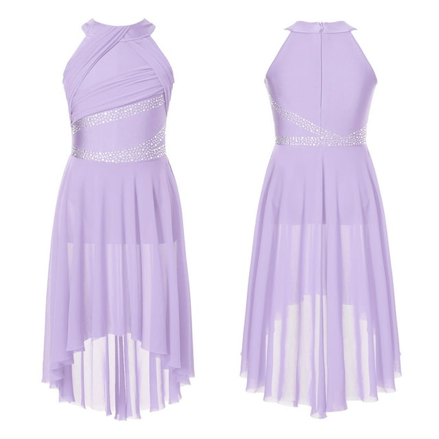 TiaoBug Robe de Danse Sans Manches pour Filles avec Strass Brillants Justaucorps de Ballet Moderne Lavande 12