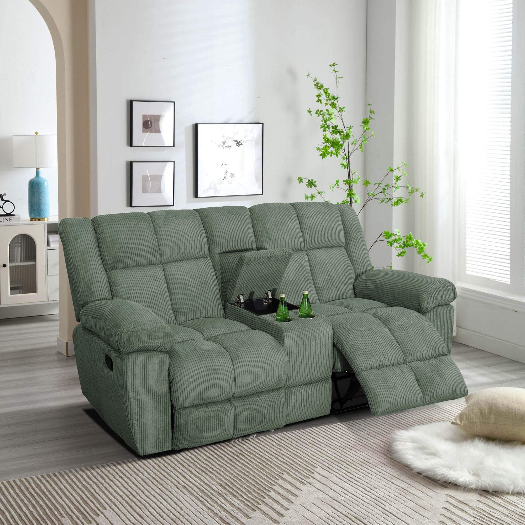 Gewnee Multifunctional Loveseat, Cup Holders, Corduroy Upholstery, Solid Wood Frame, Ideal for Living Room, Green