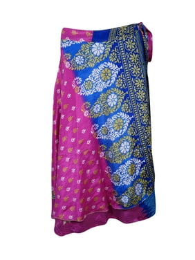 Mogul Women Pink,Blue Magic Wrap Skirt 2 Layer Printed Indian Vintage Sari Reversible Beach Wear Wrap Around Skirts