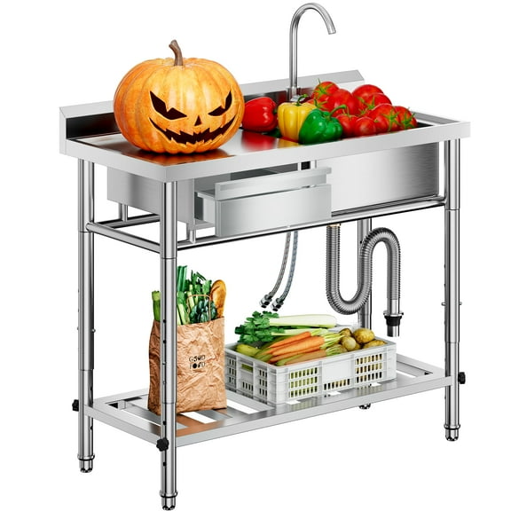 4-Height Adjustable 39" Utility Sink 18/8 Stainless Steel, 400lb Capacity & Storage Drawer, Freestanding Laundry Sink Workstation for Garage, Kitchen, RV, Basement