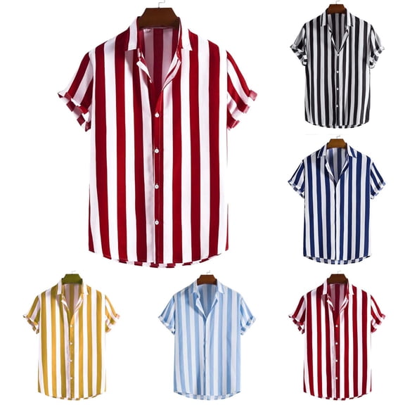 Swuxness Men's Short Sleeve Turndown Collar Shirt Stripe Print Button Casual Lightweight Summer Top