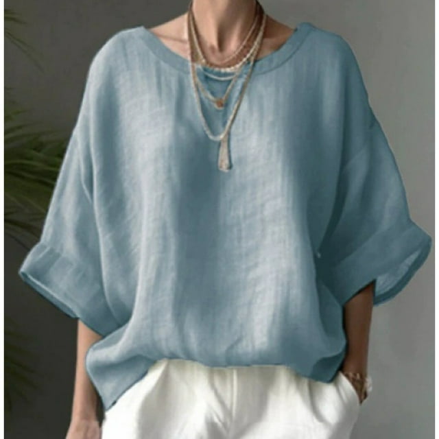 Dsseng Chemise Décontractée Ample à Col Rond pour Femmes Grande Taille - Tissu Léger Respirant Design Confortable Lavable en Machine Polyvalent pour Printemps Été Automne Sol