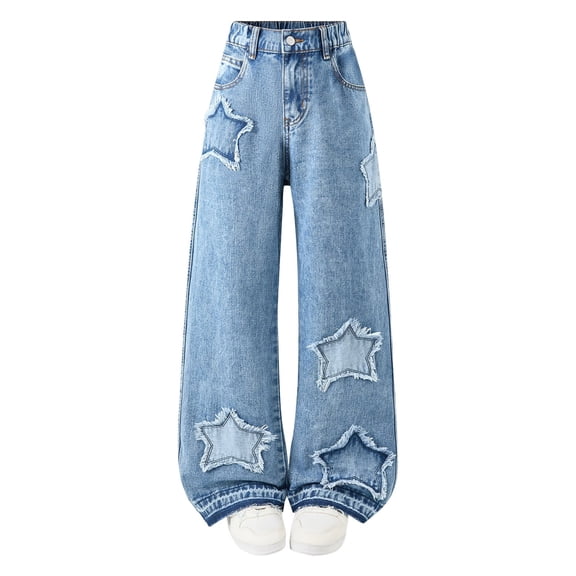 CPNG Girls Jeans Teen Girls Star Patchwork Straight Wide Leg Jeans Loose Streetwear High Waist Children's Stylish Pants(Light Blue,7-8 years)