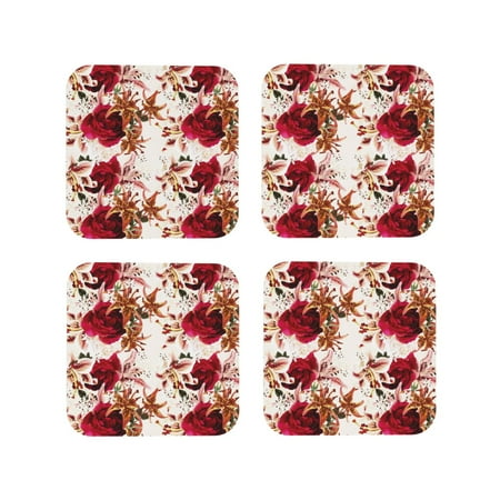

Coasters Set of 4 - Big Lilies Flowers Drink Coasters for Tabletop Protection Leather Coasters for Living Room Decor and Housewarming Gift Square