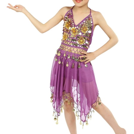 TOPTIE Kids Belly Dance Costume, Halter Top & Skirt With Coins For Halloween-50 Pack-Purple