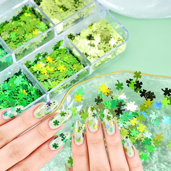 RAGUPEL Nail Art Glitters Kit 3D Sparkling Four-Leaf Clover Design Green Shamrock Nail Glitter Flakes Irish Lucky Shaped Nail Sequins Women Spring Manicure Decor Diy Accessories Crafts