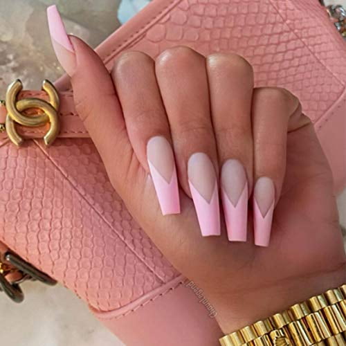 Blufly 24pcs Matte Gradient Pink Press On Nails Extra Long Square Coffin Fake Nails V Shape Ombre Art Acrylic Ballerina False Nails French Nails Tips For Women And Girls Light Pink Walmart Com