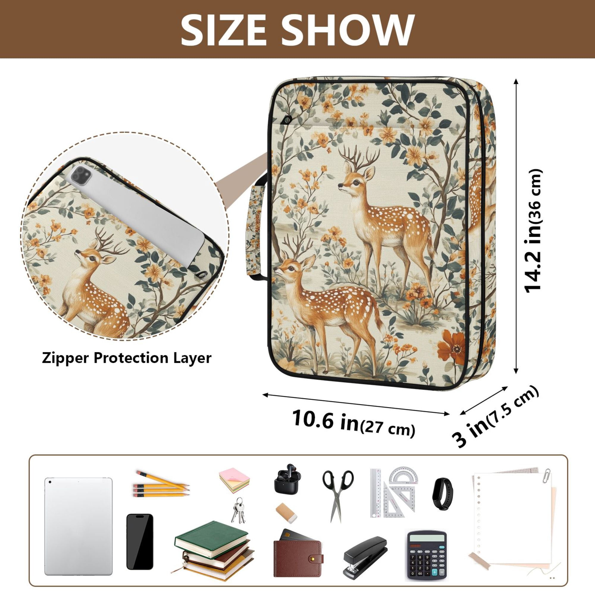 FORMRS Accordion File Folder A4 Size 7-Pocket Expanding Document Organizer Bag with 3 Ring Binder, Deer Pattern
