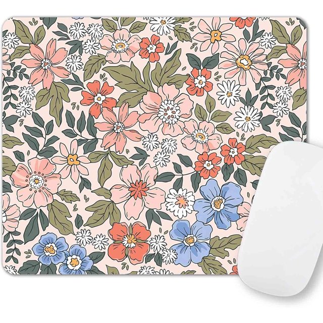 Moth Floral Mouse Pad - Green Leaf Flowers Boho Design, Small Cute Washable Cloth, Non-Slip Rubber Base, Ideal for Office, Pink Blue, Stylish and Functional