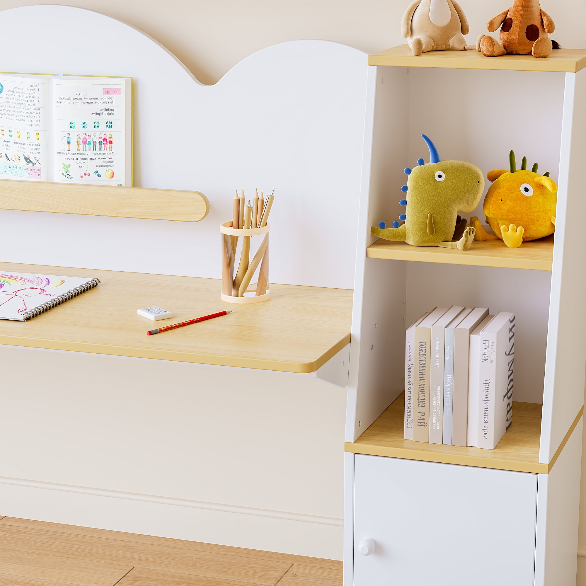 Joywind Kids Desk and Chair Set with Bookshelf & 2 Stools, 5-Storage Cabinet Study Table, Wooden Writing Desk for Children Ages 3-8, for Boys Girls Bedroom or Playroom